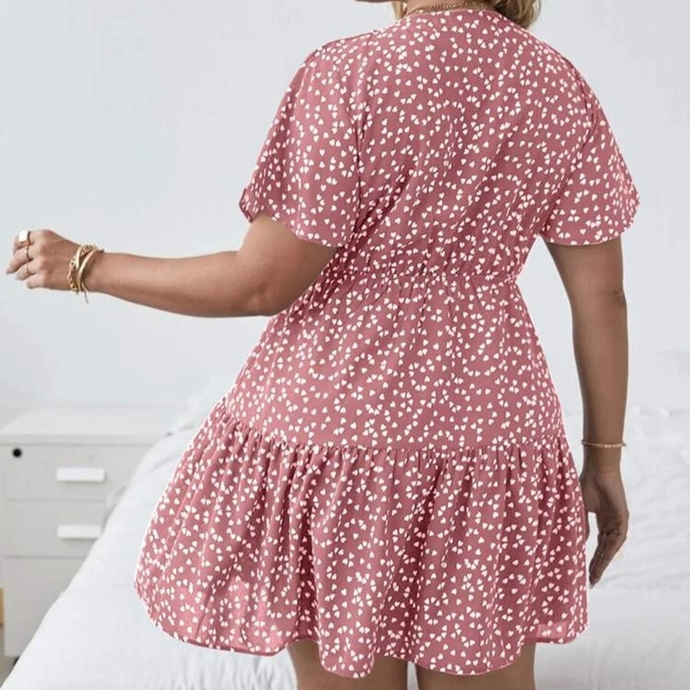 Boho ruffle frill short sleeve heart print v neck dress light blue - Picture 5 of 11